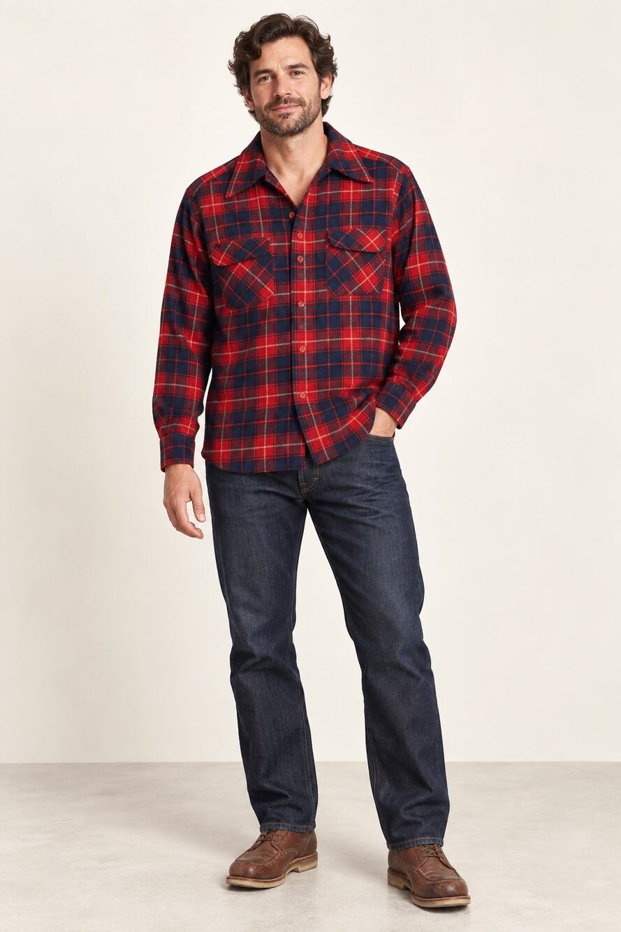 Vintage 1960s Pendleton Board Shirt Mens M Red Blue Plaid Virgin Wool USA